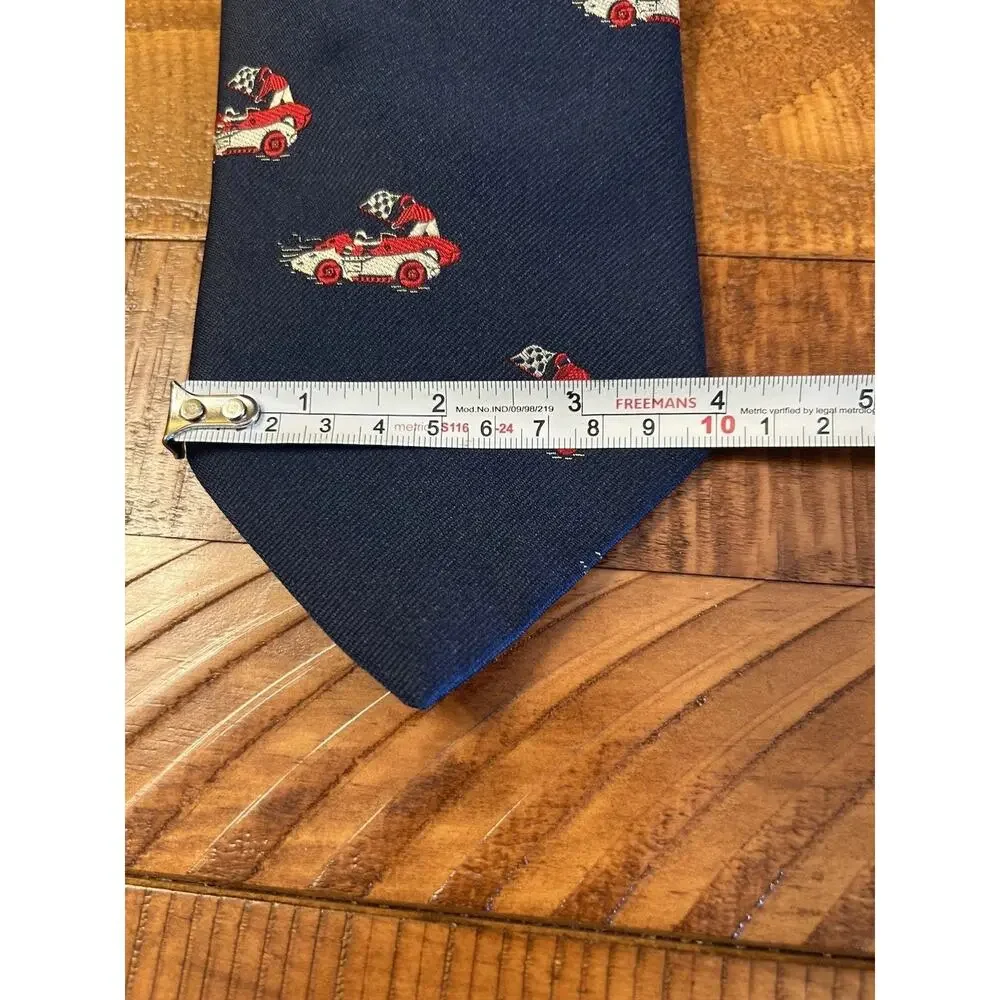 1950s Mens Tie 4” Navy Graphic Silk Blend Race Car Flag Speedway INDY 500 Driver